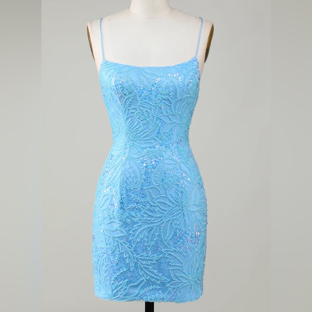 Sparkly Blue Beaded Tight Short Homecoming Dress with Lace Up Back